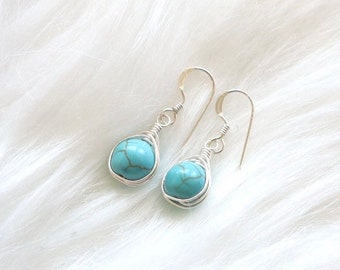 Turquoise earrings, wire wrapped earring, sterling silver earring, marble gemstone earrings, blue stone dangle earrings, marble stone drop