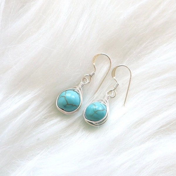 Turquoise earrings, wire wrapped earring, sterling silver earring, marble gemstone earrings, blue stone dangle earrings, marble stone drop