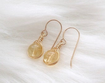 Citrine earrings, wire wrapped earrings, 14k gold filled earrings, natural gemstone earrings, yellow dangle earrings, boho crystal drop