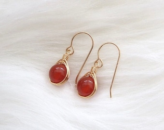 Red agate earrings, wire wrapped earring, 14k gold filled earring, natural red gemstone, dark red dangle earring, christmas gift jewelry