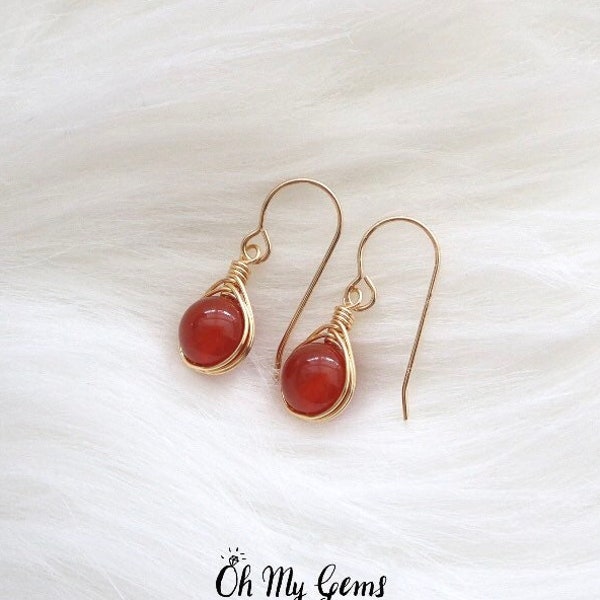 Red agate earrings, wire wrapped earring, 14k gold filled earring, natural red gemstone, dark red dangle earring, christmas gift jewelry