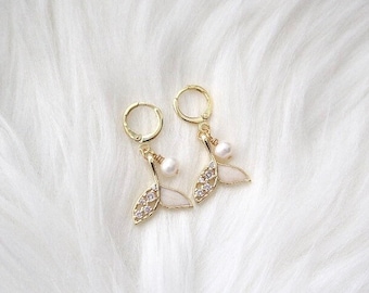 Mermaid earrings, freshwater pearl drop, whale tail dangle, cubic zirconia earrings, CZ earrings, gold huggie hoop earrings, fish tail