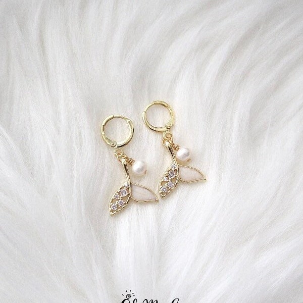 Mermaid earrings, freshwater pearl drop, whale tail dangle, cubic zirconia earrings, CZ earrings, gold huggie hoop earrings, fish tail