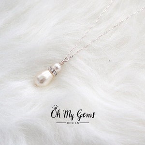 Swarovski white teardrop pearl necklace, sterling silver necklace, water wave chain, single pearl pendant with rhinestone, bridal jewelry