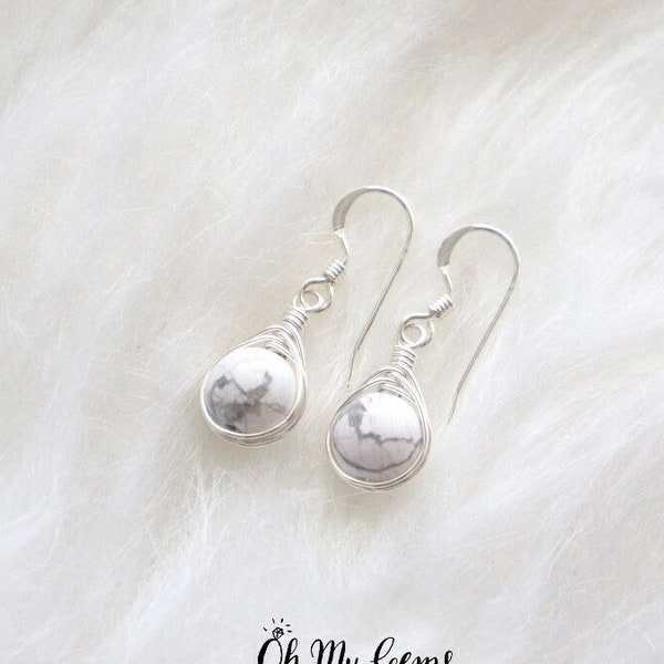 Howlite earrings, marble earrings, wire wrapped earring, sterling silver earring, natural gemstone earring, white stone earring, herringbone