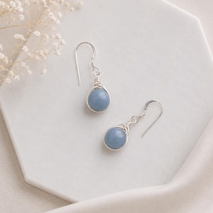 Angelite earrings, wire wrapped earrings, sterling silver earrings, natural gemstone earrings, blue dangle earrings, herringbone blue stone