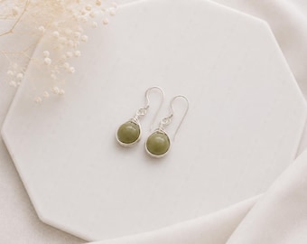 Green avocado jasper earrings, wire wrapped earrings, sterling silver earrings, natural gemstone, green dangle earring, boho crystal drop