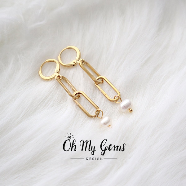 Freshwater pearl earrings, stainless steel paperclip chain earrings, 18k gold huggie hoops, pearl drop charm, gold paperclip dangle earrings