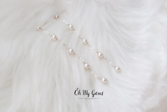Pearl drop earrings, dainty pearl chain dangle earrings, sterling silver stud earrings, bridal earring, wedding jewelry, long chain earring