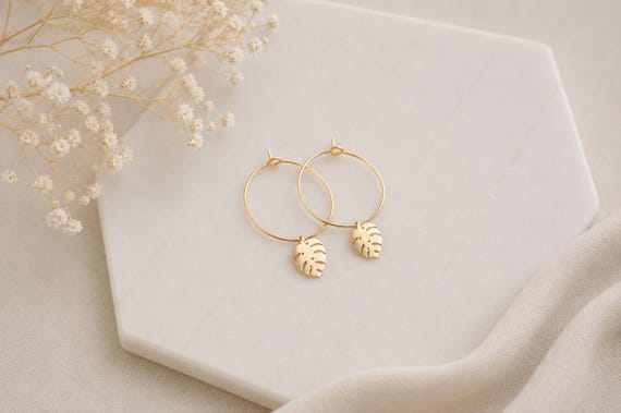 Monstera leaf hoop earrings, gold hoop earrings, cheese plant earrings, 316 surgical stainless steel, hypoallergenic, gift for plant lovers