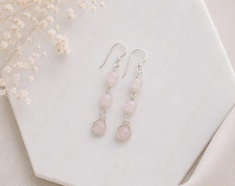 Rose quartz earrings, wire wrapped earrings, sterling silver earrings, natural gemstone, pink dangle earrings, rose quartz drop, three stone