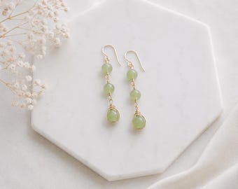 Wire Wrapped Jade Dangle Earrings, 14k Gold Filled, Natural Green Gemstone