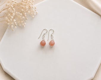 Sunstone earrings, wire wrapped earrings, sterling silver earrings, natural gemstone earrings, orange dangle earrings, crystal dangle drop