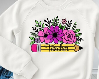 Floral Teacher Pencil Design, Back To School PNG (Digital Download)