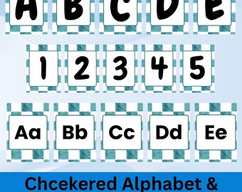 Checkered Blue Alphabet Number Wall, Classroom Decor (PDF)