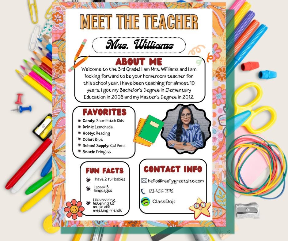 Retro Meet The Teacher, Editable Template, Back to School, Open, About Me, Groovy Style, Fun Teacgher Style, Get to Know the Teacher,
