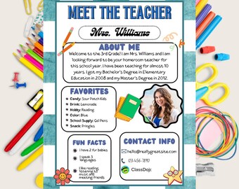 Checkered Meet The Teacher Template, Retro Blue, About Me (Digital Template)