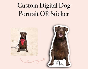 May include: A digital illustration of a brown dog named May. The dog is sitting with its tongue out and has a happy expression. The illustration is in a sticker format.