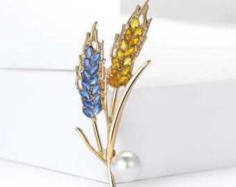 Elegant Rhinestone Yellow Blue Wheat Ear Brooch with a pearl - Fashionable Glass Wreath Design Pin, Perfect Christmas Gift, proud Ukrainian