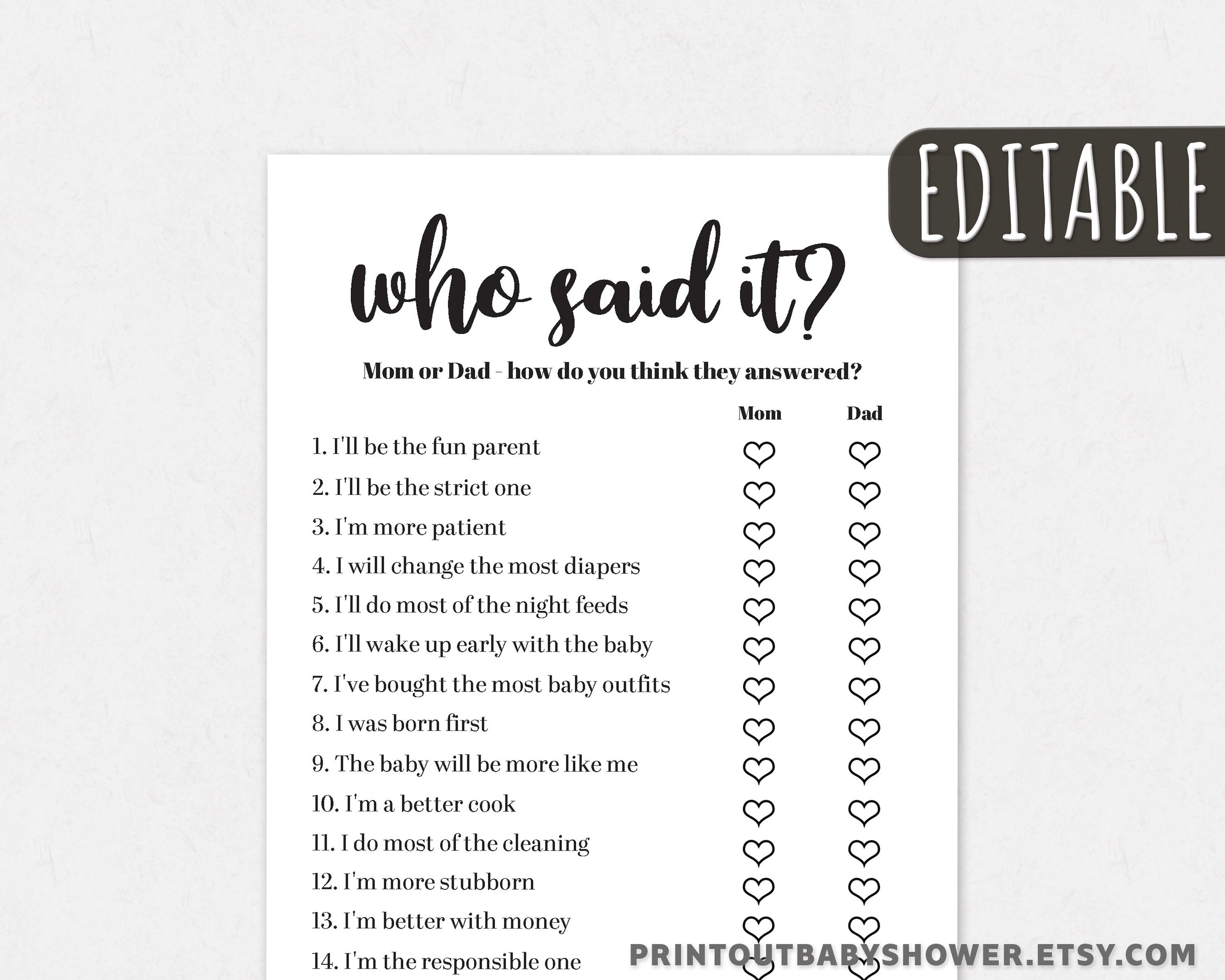 Baby Shower Guess Who Mom or Dad Who Said It Game Editable Etsy