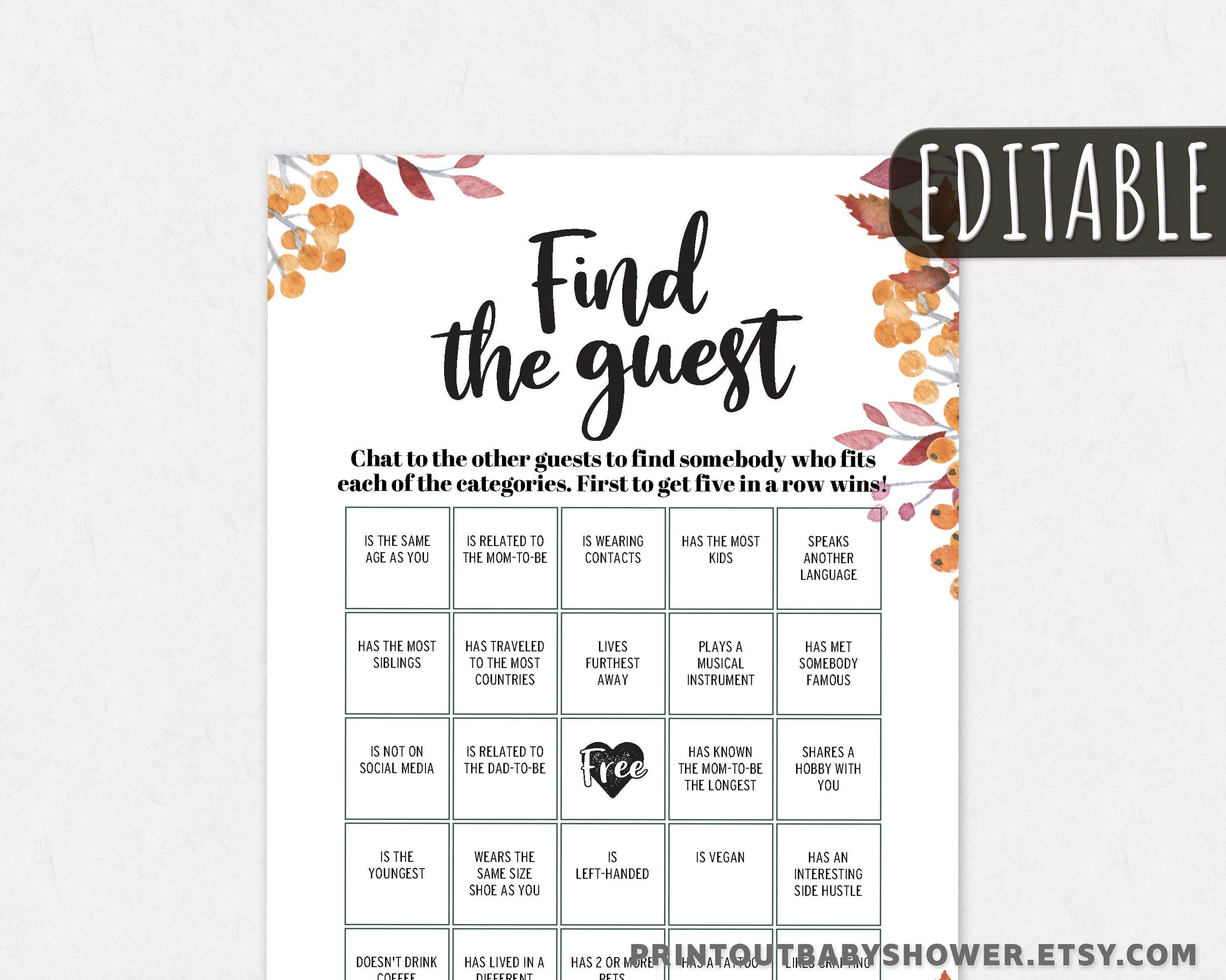 Baby Shower Find the Guest Game Find the Guest Bingo Etsy Hong Kong