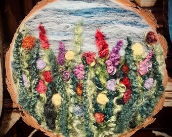 2D Needle felted wildflower art on a natural wood slice
