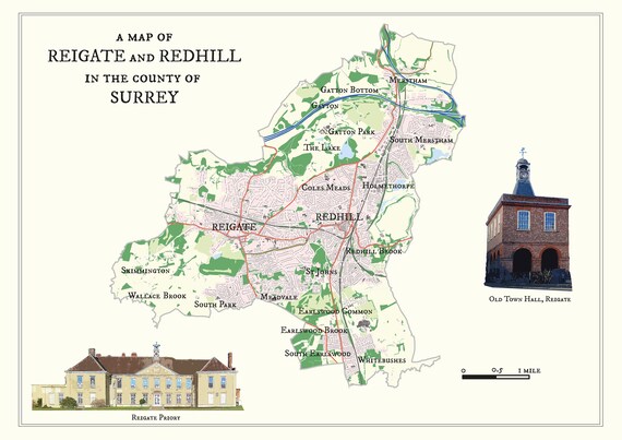 Map Of Redhill Surrey Antique-Style Map Of Reigate And Redhill Surrey | Etsy Uk