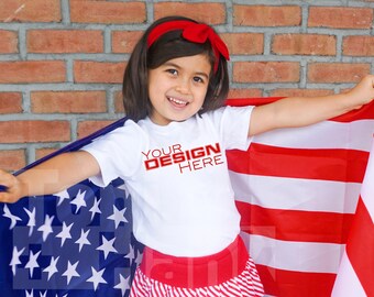 Fourth of July Mockup Model - Toddler Girl, White Tee, patriotic