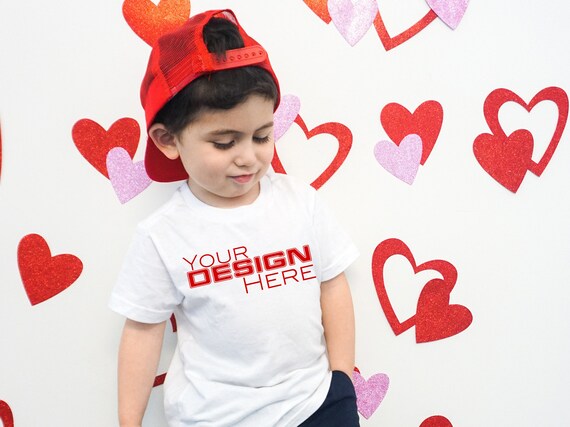 Valentines Mockup Model - Toddler Boy, White Tee, valentines day, hearts background