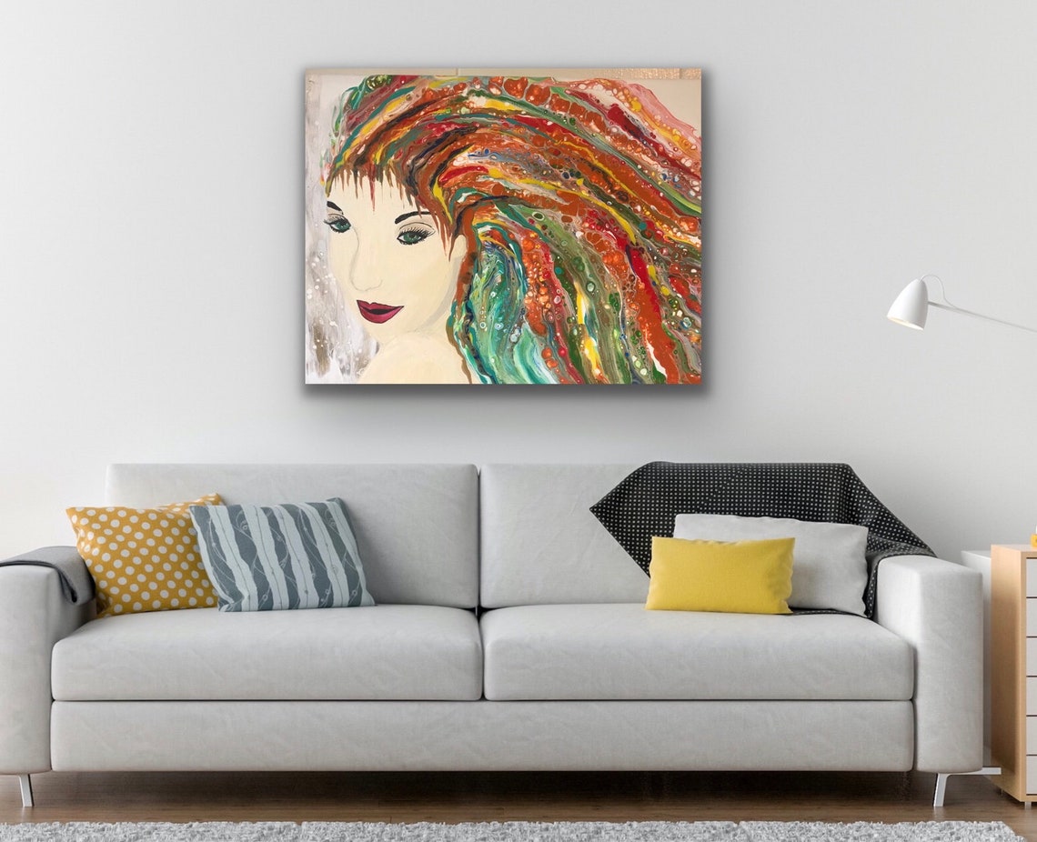 Woman With Colorful Hair Abstract Wall Decor Acrylic Painting | Etsy