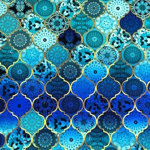 Tessuto blu elegante di ispirazione marocchina, perfetto per l'arredamento della casa, tessuto stampato decorativo, tessuto per interni ed esterni