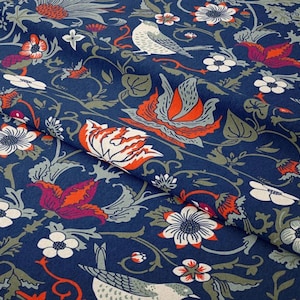 Tessuto decorativo stampato a motivi blu navy William Morris The Strawberry Thief Birds, per interni ed esterni, tagliato su misura, decorazione per la casa