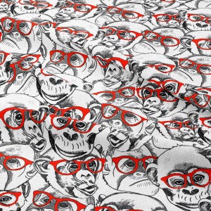 Tela de tapicería con divertidas gafas de mono, con estampado de simios de dibujos animados en negro, blanco y rojo para habitación infantil, sofá, silla, manualidades y proyectos de bricolaje, decoración del hogar.