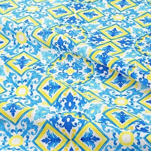 Majolica Watercolor Blue Yellow Pattern Digital Printed Decorative Upholstery Fabric Patterned Decorative Fabric by the Yard