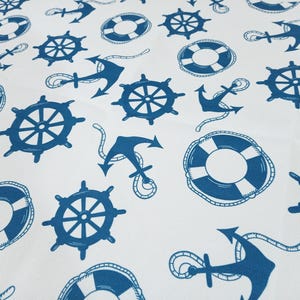 Nautical Fabric with Anchors Wheels Lifebuoys, Blue White Polyester, Marine Theme Upholstery Fabric for Curtains, Cushions, Tablecloths