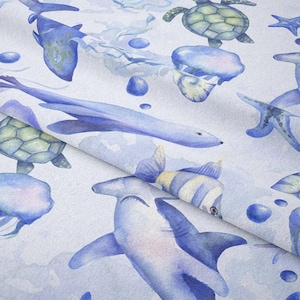 Underwater Themed Upholstery Fabric Sea Animals, Fish, Octopus, Turtle Print, Blue Tones Fabric For Kids Room Décor Fabric Indoor Outdoor