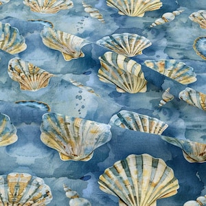 Seashell Upholstery Fabric – Blue Ocean Background With Nautical Shell Pattern, Coastal Decor Fabric For Beach Home, Sofa, Crafts, DIY