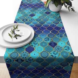 Blue Moroccan Patterned Digital Printed Table Runner, Blue Table Runner