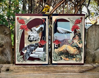 The Meaning of Dreams / diptych / analog collage on vintage hardcover panels / total size 9.5 x 12
