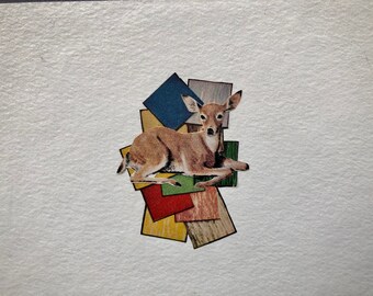 deer with kitchen tiles / original analog collage / 4x6 watercolor card on 8x10.5 hardcover panel