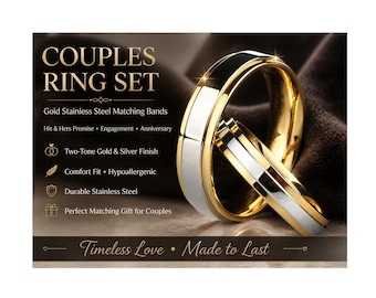 Two-Tone Gold Silver Stainless Steel Couples Ring Set, Comfort Fit Promise Bands