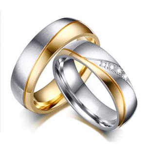 Conjunto de anéis de casal de aço inoxidável para amantes, revestimento de ouro IP com zircônia cúbica, amizade, promessa, noivado, casamento, anéis