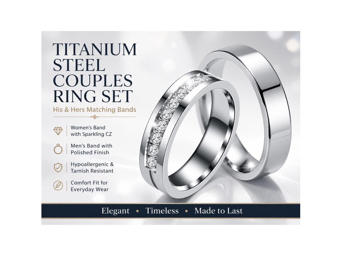 Matching Titanium Rings Titanium Steel Couples Ring Set CZ Promise Rings His Hers Matching ...