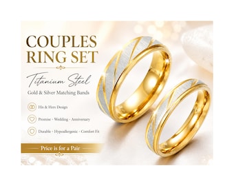 May include: A set of gold and silver matching bands for couples. The rings are made of titanium steel and feature a gold band with a silver diagonal stripe design. The text on the image says "Couples Ring Set" and "Titanium Steel".