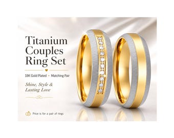 May include: A pair of gold and silver titanium wedding rings. One ring features a row of small, clear gemstones. The text reads "Titanium Couples Ring Set" and "18K Gold Plated Matching Pair". The rings are displayed on a white surface.