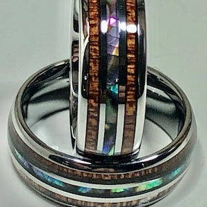 Hawaiian Koa Ring Tungsten Carbide - Silver band Natural Abalone Shell & Hawaiian Koa Wood Inlay - Engagement - Anniversary - Wedding