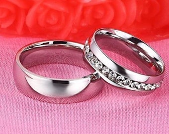 Couples Eternity Wedding Ring Set Titanium Steel and Crystal for Him & Her - Friendship, Promise, Engagement, Anniversary, Just Because