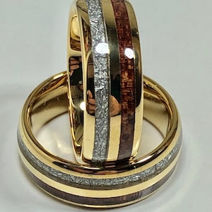 Tungsten Meteorite Ring Tungsten Carbide Ring - Gold band with Meteorite and Hawaiian Koa Wood Inlay - Engagement - Anniversary - Wedding