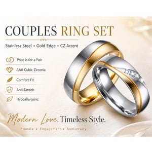 May include: A couples ring set featuring a gold-edged stainless steel ring and a silver-toned ring with CZ accents. The rings are designed for comfort and are hypoallergenic and anti-tarnish. The text reads "Couples Ring Set" and "Modern Love. Timeless Style."
