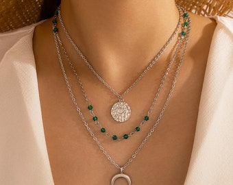 Bohemian Moon Pendant Necklace for Women Multilayer Chain with Green Stone layer Silver Colored Jewelry - Just Because, Friendship, Birthday